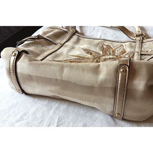 Coach Tote Audrey Sun Starfish Gold Tan Sequin Cinched Shoulder Canvas Bag Beach - Picture 5 of 9